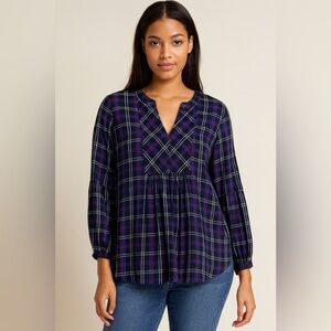 LOFT Large Plaid Cotton Tunic Blouse‎ NWT • Navy Red White Fall Preppy